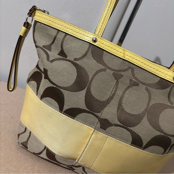 Coach Signature Canvas Yellow Stripe Leather Trim Shoulder Tote Trapezoid Bag - Picture 6 of 15